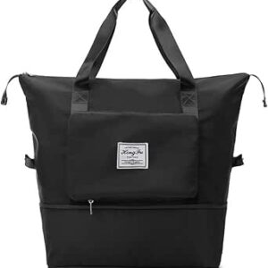 شنطة سفر قابلة للطي بسعة كبيرة، خفيفة الوزن ومقاومة للماء، شنطة سفر من القماش الخشن قابلة للطي للفصل الجاف والرطب، شنطة كتف محمولة لصالة الالعاب الرياضية (اسود)