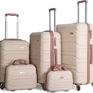 مجموعة شنط امتعة للجنسين مرنة بقفل جانبي مكونة من 5 قطع مع عجلات دوارة من في-ايت، لون ابيض كريمي, أبيض كريمي، بلاستيك