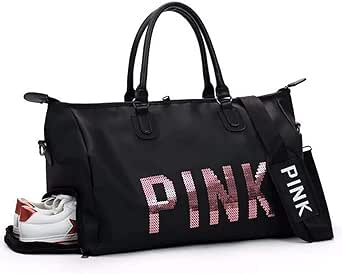 حقائب رياضية للرجال والنساء حقائب فاخرة بحرف وردي كبير السعة للسفر حقيبة شاطئ مخططة على الكتف للأعمال الخارجية (أسود)، البوليستر