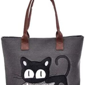 شنطة كتف من القماش الطبيعي، شنطة توت توت بطبعة قطط، شنطة شاطئ قابلة لاعادة الاستخدام مع سحاب للمشترين، لون اسود، متينة ومفيدة