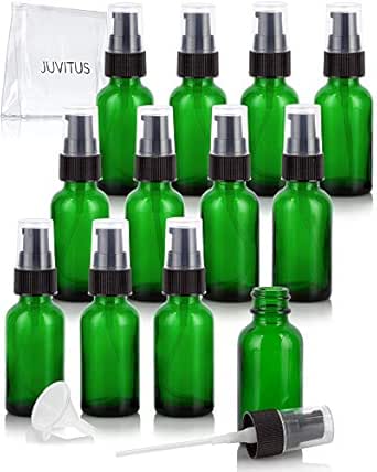 زجاجة بوسطن دائرية من الزجاج الاخضر سعة 1 اونصة/ 30 مل مع مضخة معالجة سوداء (عبوة من 12 قطعة) + شنطة سفر شفافة وقمع، من جوفيتوس