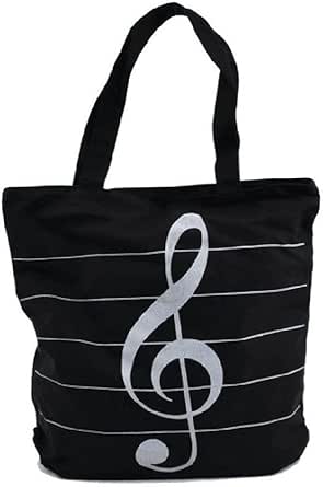 شنطة يد كبيرة توت قماشية بطبعة رموز موسيقية قابلة لاعادة الاستخدام للتسوق (اسود)