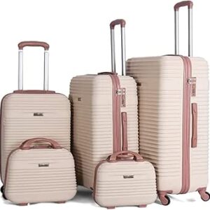 مجموعة شنط للجنسين مرنة بقفل جانبي مكونة من 5 قطع مع عجلات دوارة من في-ايت، باللون الابيض الكريمي, أبيض كريمي، بلاستيك