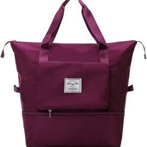 شنطة سفر قابلة للطي بسعة كبيرة، شنطة دفل للسفر قابلة للطي 3 في 1، شنطة رياضية قابلة للتوسيع لصالة الالعاب الرياضية، شنطة كتف محمولة، شنطة امتعة حمل مقاومة للماء (احمر نبيذي)