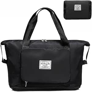 رفيق السفر المثالي: حقيبة دفل قابلة للطي للسفر والرياضة - حقيبة سفر كبيرة قابلة للتوسيع - حقيبة سفر من القماش الخشن محمولة - منتج شخصي مثالي للنساء والرجال (اسود)، نايلون