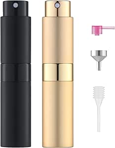 زجاجة بخاخ عطر من لوسي (8 مل، قطعتان)، بخاخ موزع كولونيا فارغ محمول قابل لاعادة الملء للسفر (اسود ذهبي)