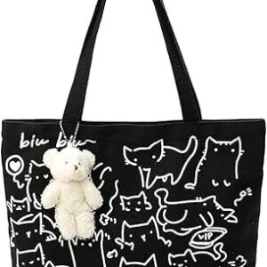 شنطة يد كبيرة توت قماشية من اكس سبرينج، شنطة كتف لطيفة بتصميم قطة لطيفة، شنطة تسوق بقالة قابلة لاعادة الاستخدام للنساء، شنطة يد كاجوال بسيطة بتصميم حيوانات للطلاب والبنات والاطفال