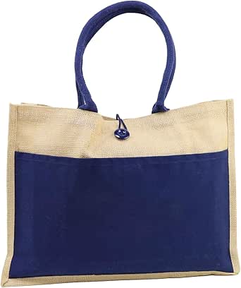 شنطة جوت صديقة للبيئة وقابلة لاعادة الاستخدام مع جيب من جيفت ميت | شنطة من الجوت مع اغلاق | شنطة قابلة للغسل | شنطة جوت صديقة للبيئة | شنطة حمل | شنطة للنساء, أزرق