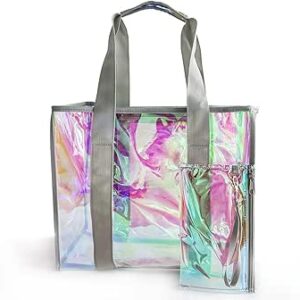 شنطة كتف كبيرة توت من توتي برينت نسخة مطورة وسميكة بتصميم هولوغرافي، شنطة شفافة مقاومة للماء للسفر والشاطئ (0.6 ملم بينك)