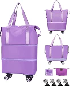 شنطة دفل للسفر قابلة للطي والتوسيع، شنطة سفر بعجلات قابلة للفصل، شنطة سفر بعجلات محمولة، شنطة دفل قابلة للتوسيع، لون ارجواني، بوليستر