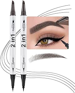 قلم تحديد حواجب مقاوم للماء 2 في 1 ثنائي الاطراف من ازوني، قلم تحديد الحواجب مع 4 رؤوس وفرشاة دقيقة للحصول على حواجب طبيعية تشبه الشعر (رمادي وبني واسود) من قطعتين