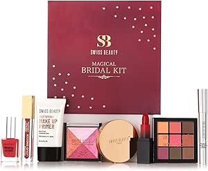 سويس بيوتي مجموعة ماجيك برايدل لحفلات الزفاف | مع برايمر وماسكارا وسيندور وباليت ظلال عيون واحمر شفاه مات HD ومسحوق حريري وناعم وبلشر وهايلايتر وطلاء اظافر لا يتشقق | 77.5 غرام