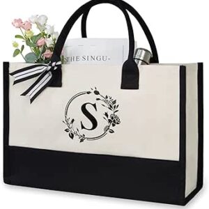 TOPDesign Personalized Initial Canvas Beach Bag, Monogrammed Gift Tote Bag for Women