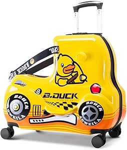 شنطة سفر للاطفال قابلة للركوب بعجلات لحمل الامتعة مع حزام امان ومقبض متداخل هدية يوم الطفل بطة صفراء بولي كربونات PC