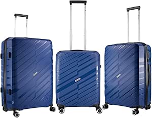 شنطة سفر صلبة خفيفة الوزن من البولي بروبلين مع قفل معتمد ادارة امن المواصلات الامريكية بسحاب مزدوج مضاد للسرقة و4 عجلات مزدوجة كبيرة غير قابلة للكسر مقاس 21 و55 و25 و65 و29 و75 سم ازرق ترافل