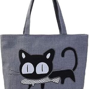 كاستويف شنطة يد كبيرة توت من القماش بتصميم قطة لطيفة، شنطة تسوق كبيرة قابلة لاعادة الاستخدام للبقالة والشاطئ مع سحاب للنساء والفتيات