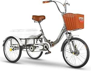 دراجة ثلاثية العجلات للبالغين من المنزل، دراجة ثلاثية العجلات ثلاثية العجلات مع سلة كبيرة للنساء والرجال للتسوق وممارسة الرياضة والترفيه (اللون: رمادي)