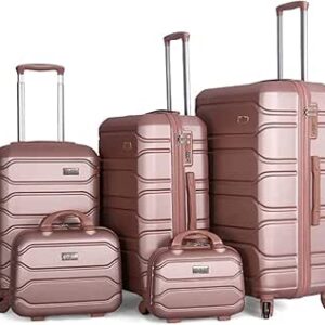 مجموعة شنط امتعة مرنة بعجلات دوارة وقفل جانبي مناسبة للجنسين من في-ايت، لون ذهبي وردي، 5 قطع, روز جولد، بلاستيك