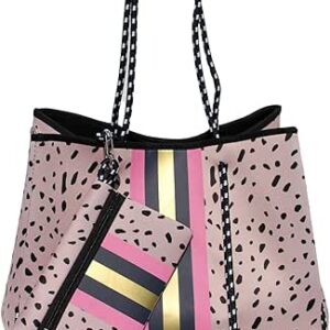 شنطة يد توت من النيوبرين بنمط جلد الفهد | شنطة شاطئ وصالة الالعاب الرياضية | تتضمن شنطة بسحاب متطابقة | بيج داكن مع تصميم نقاط سوداء, بيج داكن، أسود، وردي، ذهبي، أزرق كحلي