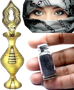 قلم تحديد للعين جولدن سورماداني بتصميم قديم إسلامي كحل كاجال من النحاس مع بودرة سورما سوداء بلو كوين 0.7 مل