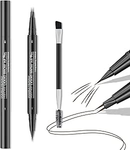 قلم حواجب منحني 2 في 1 مع فرشاة حواجب من الميكاكوز، قلم حواجب مايكرو بليدينغ مزدوج الاطراف مع طرف دقيق وفرشاة دقيقة للحصول على شعر طبيعي (بني)