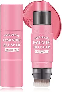 قلم بلشر كريمي مع فرشاة من دوزينج، ستيك بلشر مزدوج الراس للخدود مقاوم للماء، قلم مكياج بلش كريمي يدوم طويلا متعدد الستيك للشفاه والخدين والعينين (#01 ميلك تي بينك)