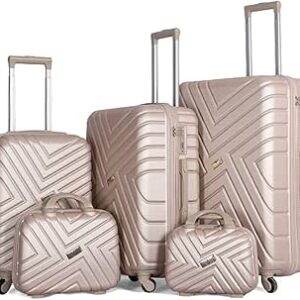 مجموعة شنط امتعة مرنة مكونة من 5 قطع مع عجلات دوارة وقفل جانبي للجنسين من في-ايت، لون ذهبي فاتح, شامب، بلاستيك