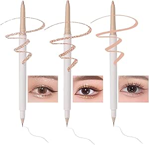 قلم تحديد عيون ومظلل عيون ايشادو سائل 2 في 1 لأنماط غير لامعة ولاينج سيلك وورم وجليتر لامع، قلم كونتور مزدوج الطرفين متعدد الوظائف ويدوم طويلًا لتفتيح المنطقة حول العين، قلم مكياج دوار - 3 قطع نود