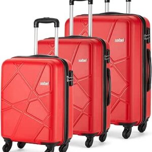 سفاري مجموعة شنط سفر صلبة مكونة من 3 قطع | بنتاغون مع 4 عجلات دوارة - مقاس S 55 سم + متوسط 66 سم + L 75 سم احمر كرزي, أحمر كرزي, غلاف خارجي خفيف الوزن مصنوع من البولي بروبيلين بتصميم بينجون