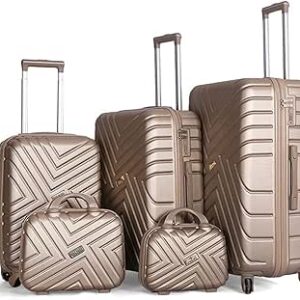 مجموعة شنط سفر للجنسين من في-ايت، 5 قطع بجوانب ناعمة مع عجلة دوارة، لون ذهبي شامب, شامب جولد, مجموعة حقائب سفر للجنسين من في ايت، 5 قطع مع عجلة دوارة، 28-352-CG، بلاستيك