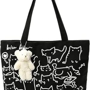 شنطة كتف قماشية كبيرة السعة بتصميم قطة لطيفة من جويزز، شنطة تسوق بقالة قابلة لاعادة الاستخدام للنساء، شنطة يد كاجوال بسيطة بتصميم حيوانات للطلاب والبنات والاطفال