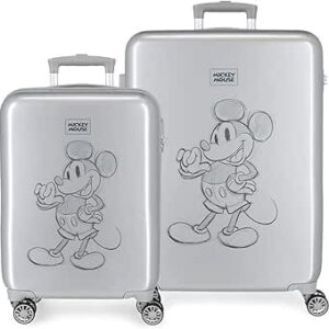 شنطة سفر 100 بتصميم ميكي مصنوعة من بلاستيك ABS الصلب بقفل جانبي مع 4 عجلات مزدوجة ديزني - رمادي 37×55×20 سم 34 لتر وزن 2 كجم