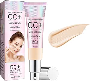 كريم اساس سي سي، كريم سي سي لضبط لون البشرة، مصحح اللون، كريم اساس بتغطية كاملة بعامل حماية من الشمس 50+، كونسيلر مرطب، كريم العناية بالبشرة مع فيتامينات B5 وE (30 غرام) (فاتح)، كل الأنواع