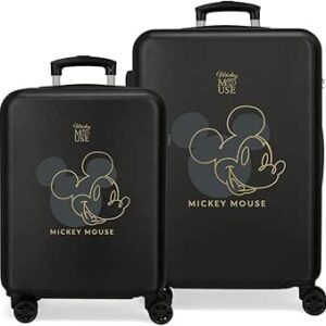 ديزني مجموعة شنط سفر بتصميم ميكي اوتلاين بلون اسود مقاس 55/65 سم وقفل جانبي صلب من مادة ABS سعة 91 لتر ووزن 6 كجم و4 عجلات مزدوجة، اسود/ابيض، مجموعة شنط سفر