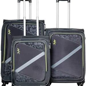 سكاي باجز مجموعة شنط سفر ناعمة من 3 قطع من سبوتلايت | عربة بزر ضغط | مادة البوليستر | 4 عجلات 360 درجة | كابينة 20 انش | M - 24 انش | L - 28 انش | رمادي