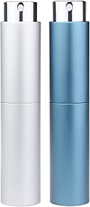 زجاجة بخاخ عطر من الألومنيوم لرش العطور أثناء التنقل وقابلة لإعادة الملء (2 × 10 مل، لون فضي + أزرق داكن)