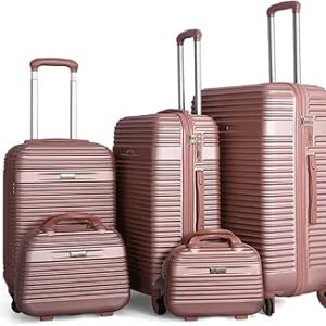 مجموعة شنط امتعة مرنة بعجلات دوارة وقفل جانبي مناسبة للجنسين من في-ايت، لون ذهبي وردي، 5 قطع, روز جولد، بلاستيك