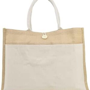 شنطة جوت صديقة للبيئة وقابلة لاعادة الاستخدام مع جيب من غيفتمات، شنطة جوت مع اغلاق قابلة للغسل، صديقة للبيئة شنطة حمل نسائية (قطعة واحدة، ابيض)