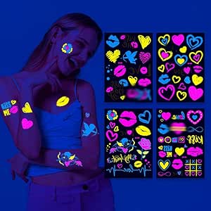 ستيكرات تاتو مؤقتة مضيئة في الظلام، مكياج مؤقت نيون للنساء، ملصقات تاتو وجه مؤقت على شكل قلب للعروس والزفاف وعيد الحب (4 اوراق)