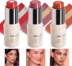 قلم بلش كريمي 2 في 1 متعدد الاستخدامات 2 في 1 للخدود والشفاه والعينين، لتفتيح البشرة ويدوم طويلا، 3 قطع من ريرونست