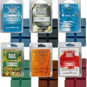 كو كاندلز مجموعة من 6 قطع من خليط الصويا بدون فتيل - تتضمن عبوة واحدة من كل نوع كولونيا مائي، نوع كولونيا دراكار، خشب الارز، الارز والزعفران، وبريس البحر، وعشبية نقية