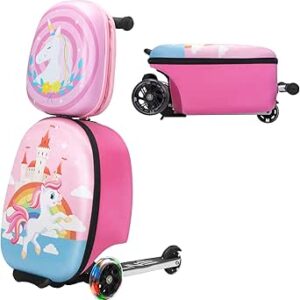 في لايف حقيبة سكوتر مع حقيبة ظهر، حقيبة سفر للاطفال تحمل على السكوتر، امتعة ركوب الاطفال للبنات (يونيكورن)، رأس أحادي القرن