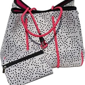 شنطة يد كبيرة توت من النيوبرين بنقشة جلد الفهد | شنطة للشاطئ وصالة الالعاب الرياضية | تتضمن شنطة بسحاب مطابقة | ابيض مع تصميم نقاط سوداء, أبيض، أسود، وردي، وردي فاقع, L
