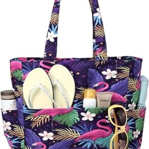 فاشي شنطة شاطئ للنساء، شنطة كبيرة مقاومة للماء والرمال وقابلة للطي وقابلة للطي مع سحاب/جيوب