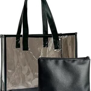 شنطة يد كبيرة توت برينت سوداء من بلاستيك PVC مع عبوة داخلية، شنطة شاطئ شفافة من بلاستيك PVC مع مقابض جلدية للعمل والاستاد والسفر، اسود، مقاس L