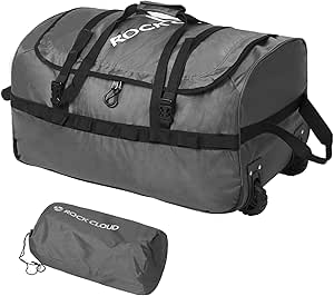 روك كلاود شنطة دفل بعجلات قابلة للطي مع عجلات سعة 85 لتر، شنطة دفل قابلة للتعبئة 26 انش للسفر والتخييم والرياضة، لون رمادي، سعة 85 لتر، 26 انش، البوليستر