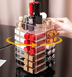 سويي منظم احمر الشفاه، حامل احمر شفاه دوار 360 درجة بـ 53 مساحة، حافظات عرض مستحضرات التجميل من الاكريليك لاحمر الشفاه والفرش والزجاجات والمزيد، شفاف