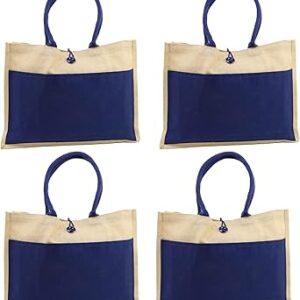 شنطة جوت صديقة للبيئة وقابلة لاعادة الاستخدام مع جيب من جيفت ميت | شنطة من الجوت مع اغلاق | شنطة قابلة للغسل | شنطة جوت صديقة للبيئة | شنطة حمل | شنطة للنساء, أزرق, 4 Piece