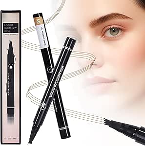 قلم حواجب ميكروبليدينج ثلاثي الابعاد مقاوم للماء مع طرف 4 شوكة، مكياج يدوم طويلا بتاثير ضربات دقيقة، قلم حواجب بمظهر طبيعي من ازوني (بني + اسود)