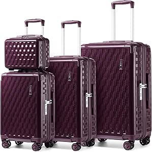 سي تشويس مجموعة شنط سفر صلبة واقية للزوايا مكونة من 4 قطع مع شنطة مستحضرات تجميل من البولي كربونات + ABS بقفل تي اس ايه، شنطة سفر M-L-XL (55 سم/65 سم/75 سم)، أرجواني